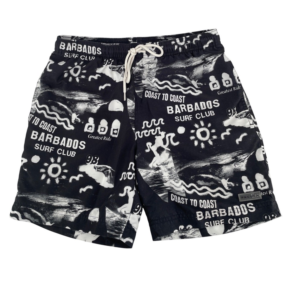 PacSun Swim Trunks‎ Mens Small Black White Barbados Surf Club Graphic Shorts